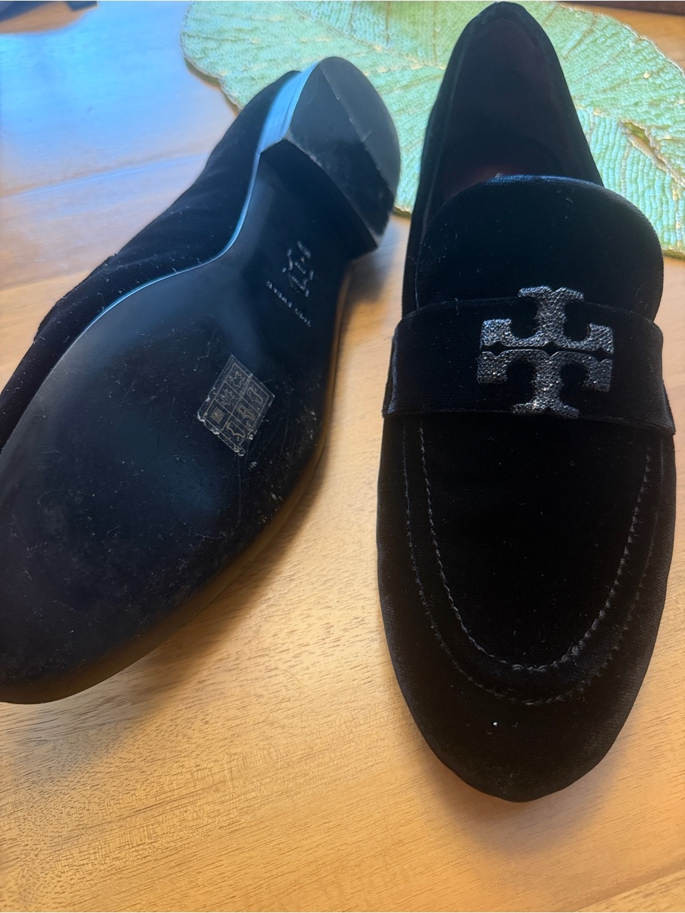 Tory Burch Black Suede Loafers with Embellished Logo - Picture 3 of 4